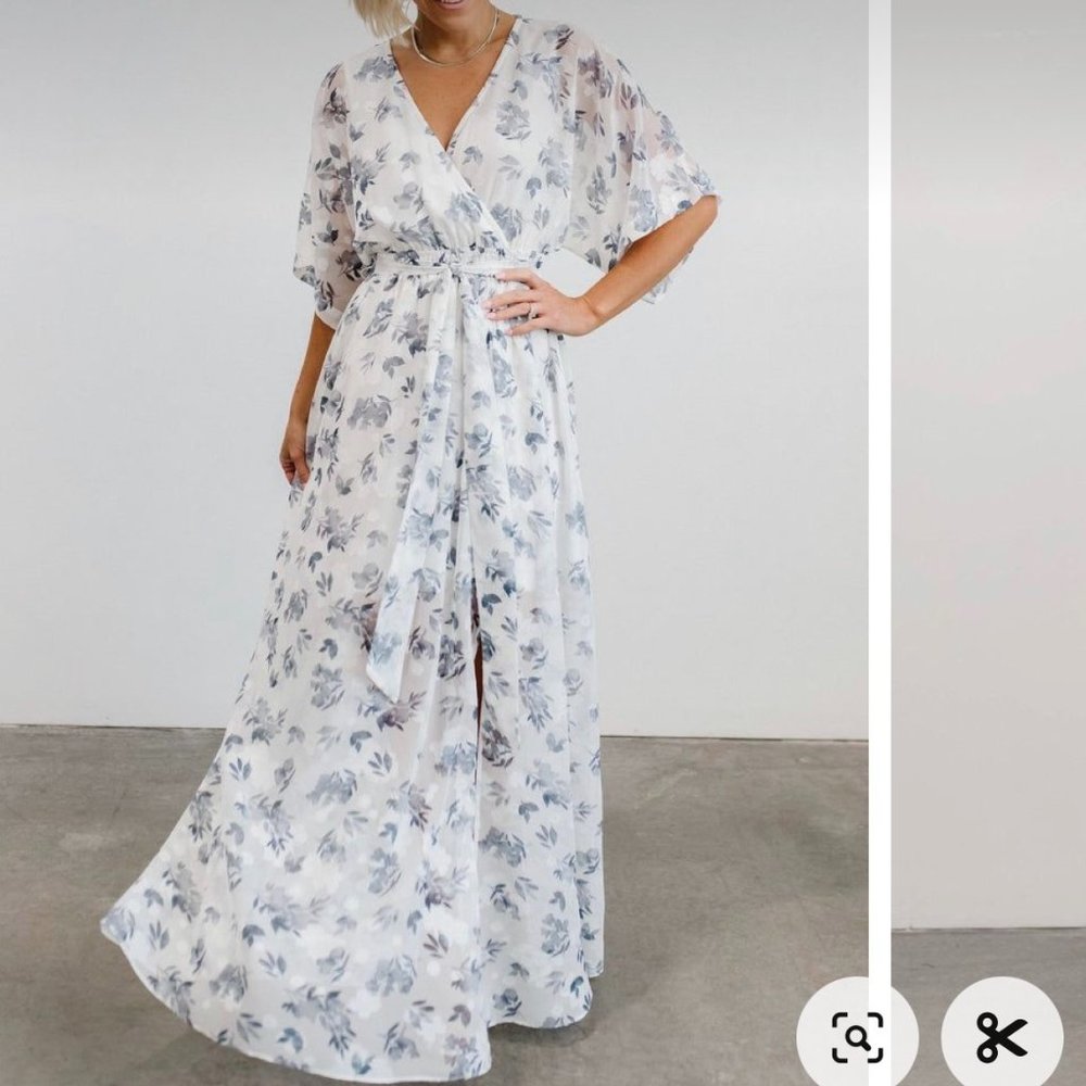 Baltic Born Luca Jacquard Kimono Blue, Gray and White Floral Dress XXXL EUC